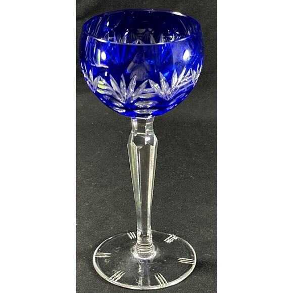 Cobalt Blue Cut to Clear Crystal Wine Glass Goblet Bohemian Style 7.5” - Picture 3 of 5